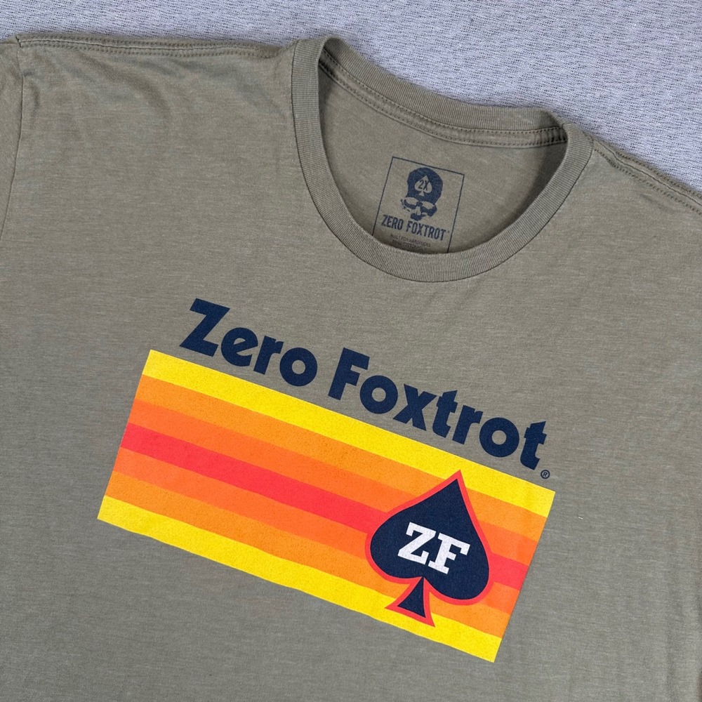 Zero Foxtrot T-Shirt Men 2XL Graphic Olive Green Retro Spade Skull Logo USA Made